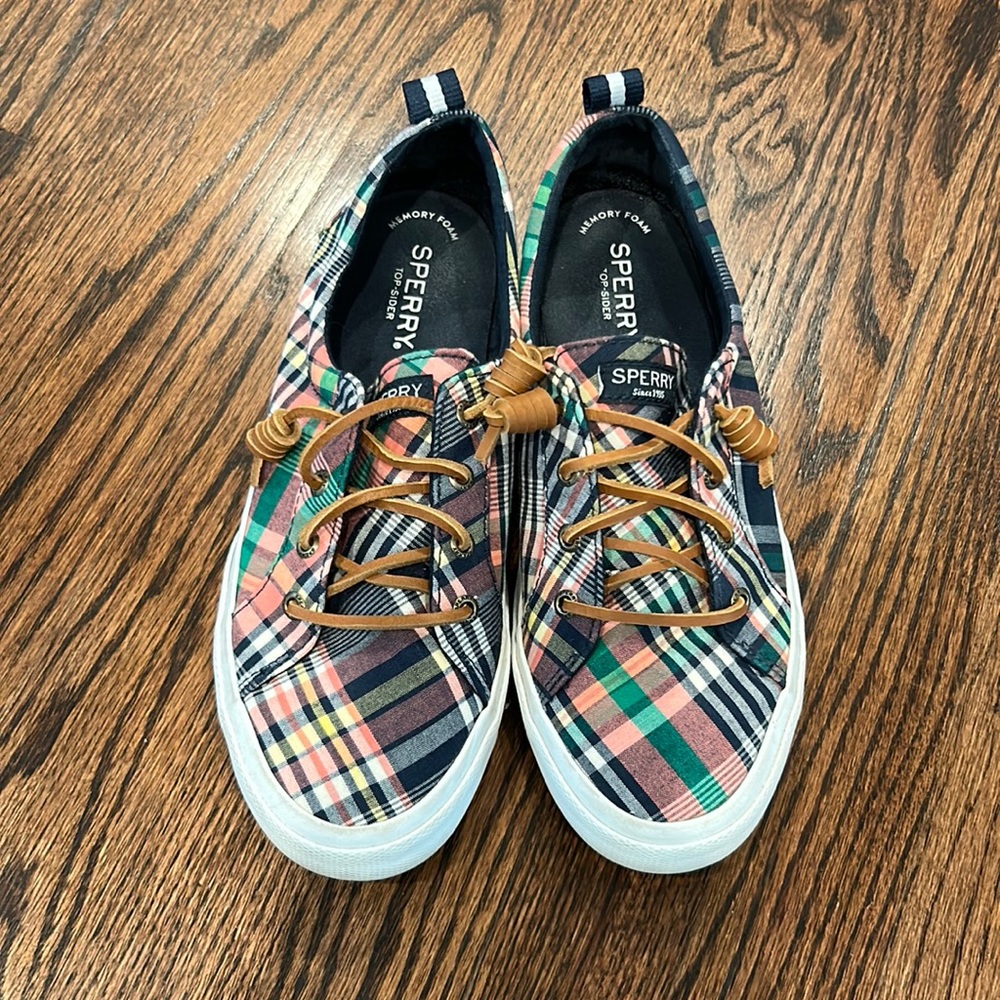 Sperry Memory Foam Slip-On Topsider, Plaid with Leather Laces, Size 7.5